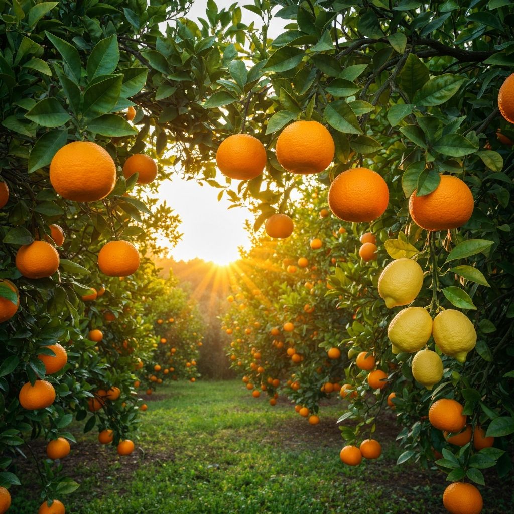 Citrus orchard at sunrise with fresh fruits